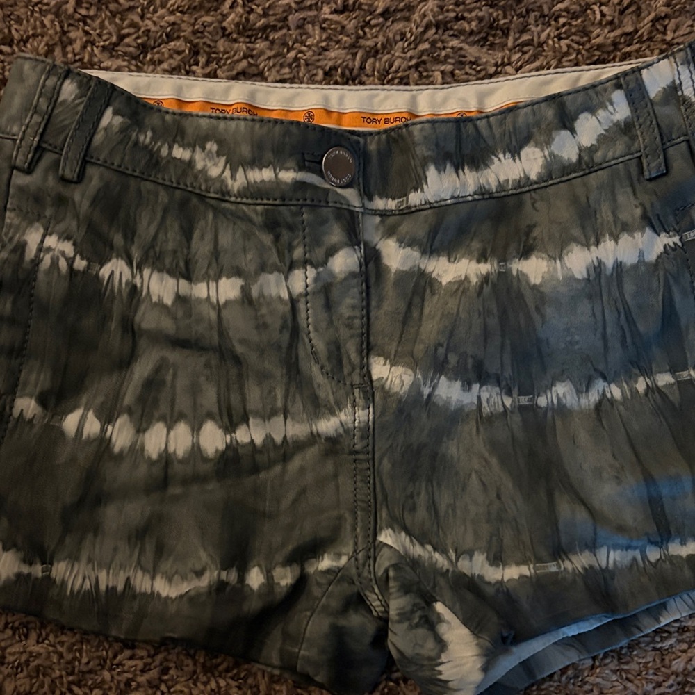 Tory Burch High Waist Tie-Dye Shorts - Dark Green and White